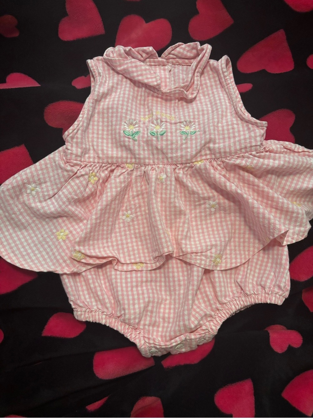 Vintage Baby B’Gosh Pink Gingham Baby Girls Romper with Floral Embroidery A00420